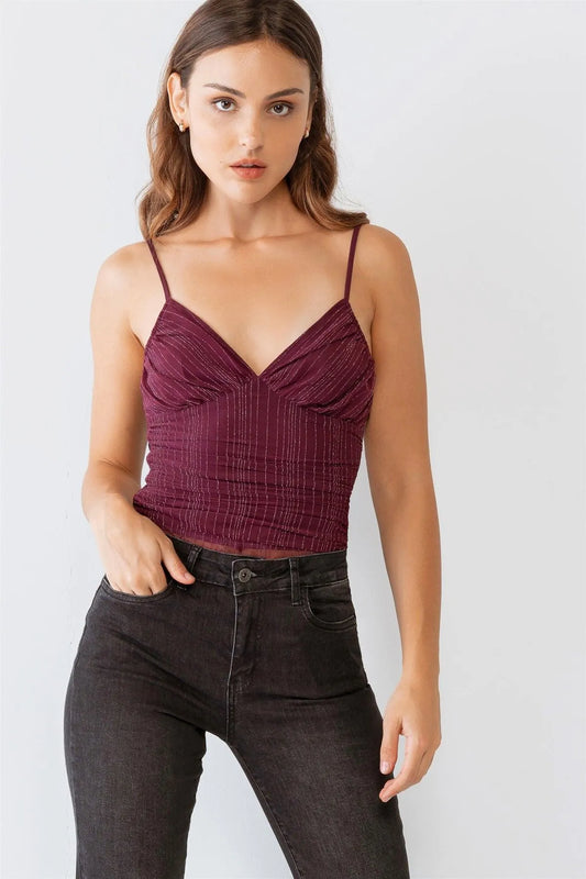 Wine Shiny Mesh Ruched Sleeveless Bodysuit /2-2 - Tasha Apparel Wholesale
