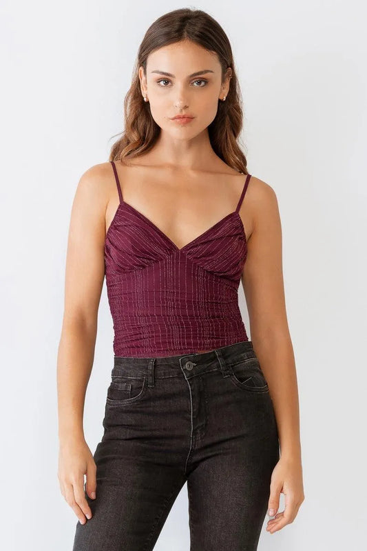 Wine Shiny Mesh Ruched Sleeveless Bodysuit /3-2-1 - Tasha Apparel Wholesale