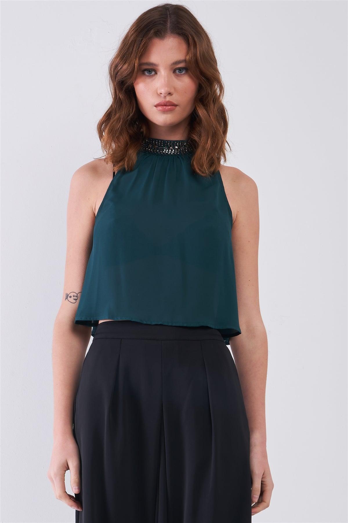 Hunter Green Sleeveless Beaded High Neck Pleated Front Crop Top /1-2-1-2