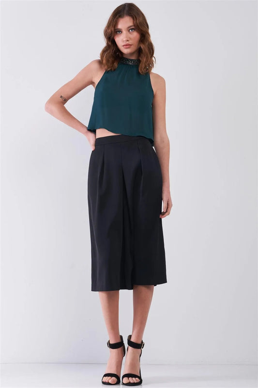 Hunter Green Sleeveless Beaded High Neck Pleated Front Crop Top /1-2-3 - Tasha Apparel Wholesale