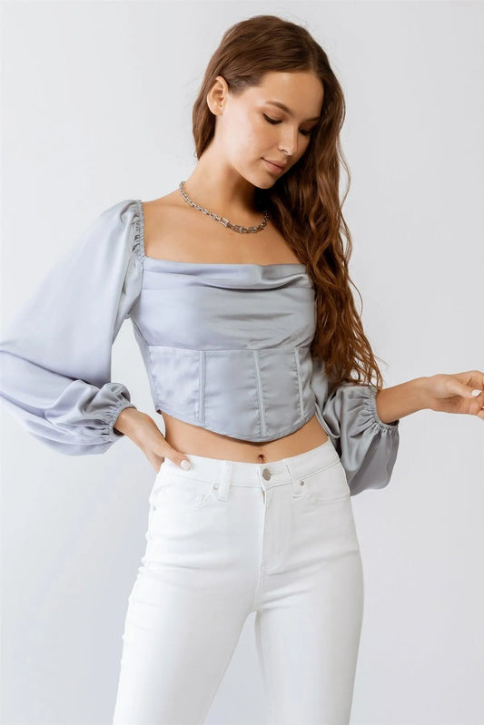 Light Blue Satin Effect Corset Cowl Neck Long Sleeve Crop Top /3-2-1 - Tasha Apparel Wholesale