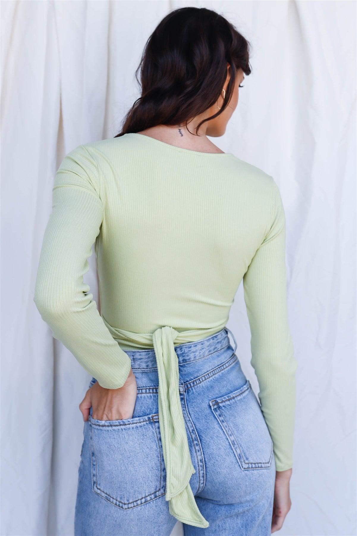Light Green Ribbed O-Ring Detail Cut-Out Self-Tie Long Sleeve Bodysuit /3-2-1