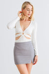 White Ribbed O-Ring Detail Cut-Out Self-Tie Long Sleeve Bodysuit /3-2-1