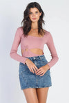 Pink Ribbed Cut-Out Square Neck Long Sleeve Bodysuit - Tasha Apparel Wholesale