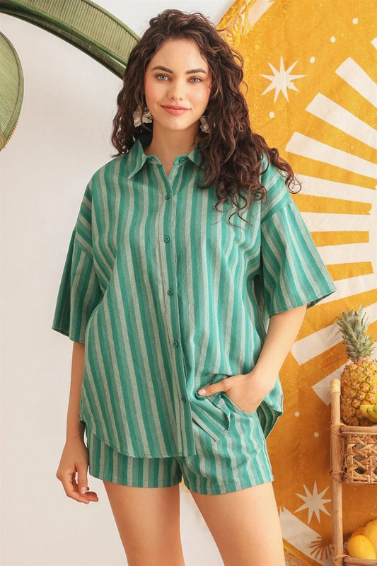 Green Stripe Cotton Collared Neck Button Top & High Waist Two Pocket Shorts Set /1-2-2 - Tasha Apparel Wholesale