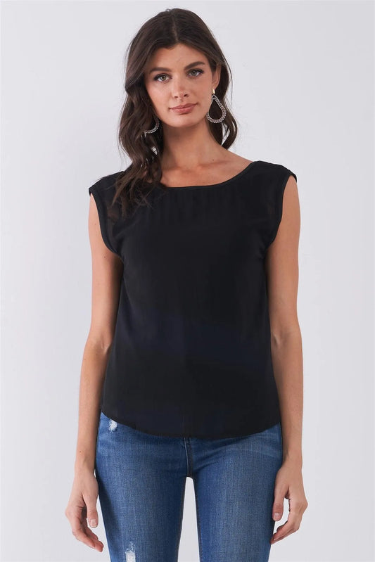 Black Sheer Chiffon Sleeveless V-Back Detail Relaxed Lined Top /1-2-2-1 - Tasha Apparel Wholesale