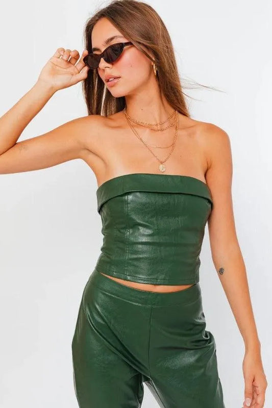 Dark Green Faux Leather Strapless Crop Corset Top & High Waist Pants Set /1-1-2-1 - Tasha Apparel Wholesale