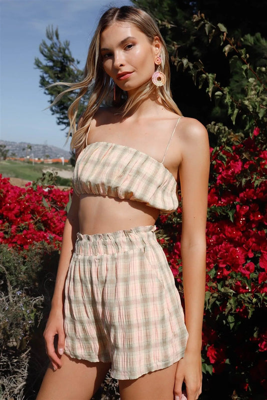 Peach & Green Plaid Print Crinkled Sleeveless Crop Top & High Waist Shorts Set /3-2-1 - Tasha Apparel Wholesale
