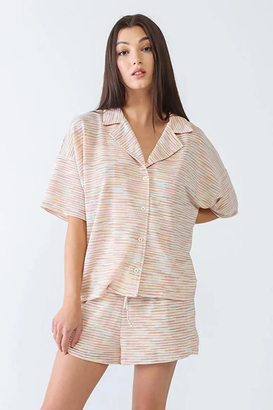 Cream Multicolor Stripe Print Collared Neck Button-Up Short Sleeve Top & High Waist Three Pocket Shorts Set /3-2-1 - Tasha Apparel Wholesale