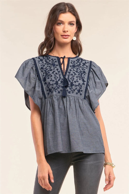Denim Grey Angel Sleeve Flare Waistline Embroidery Detail Self-Tie Neckline Top /1-2-2-1 - Tasha Apparel Wholesale