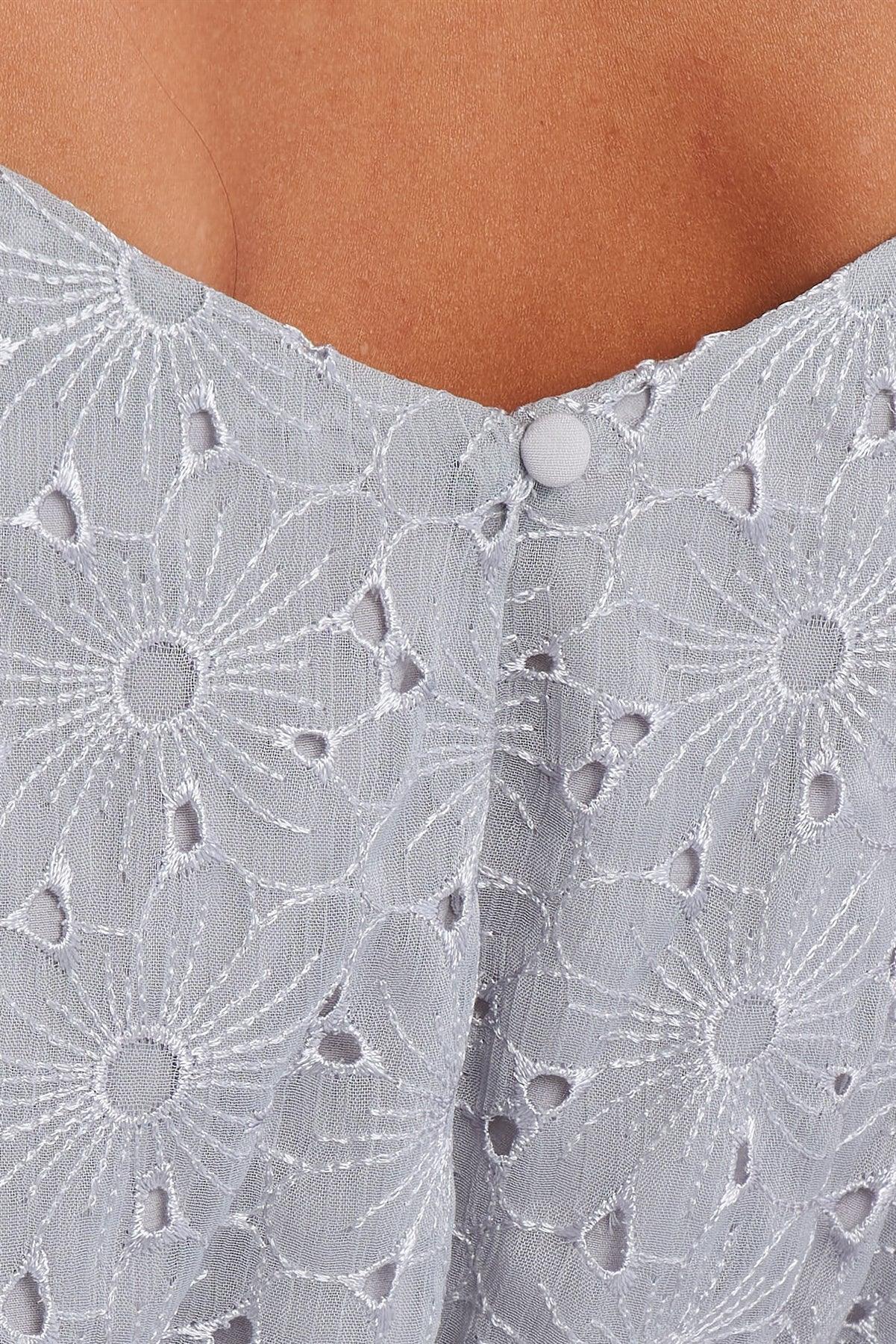 Dusty Blue Floral Crochet Front Wrap V-Neck Adjustable Strap Off-The-Shoulder Detail Top /1-2-2-1