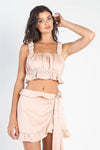 Dusty Peach Satin Effect Ruched Bust Top & Wrap Mini Skirt Set /3-2-1