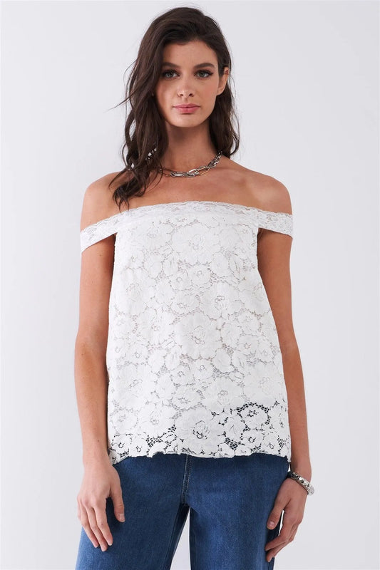 White Floral Crochet Sleeveless Off-The-Shoulder Lace Trim Relaxed Top /2-2-1 - Tasha Apparel Wholesale