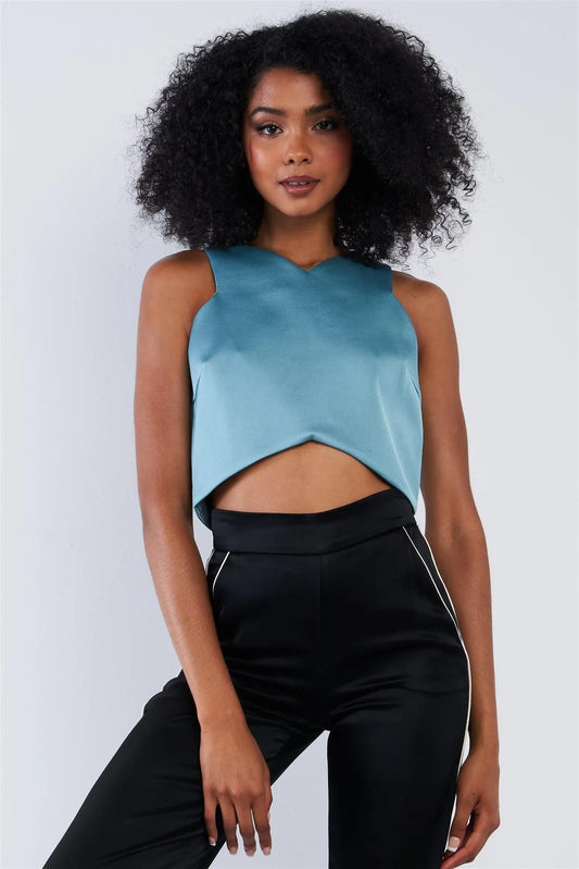Solid Seafoam Green Chic V-Neck Sleeveless Copped Top - Tasha Apparel Wholesale