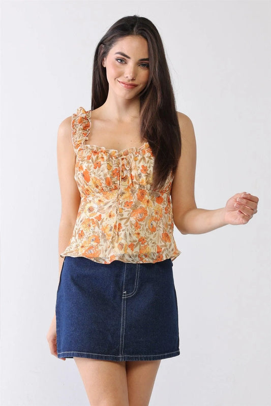 Orange Floral Print Mesh Ruffle Detail Sleeveless Top /3-2-1 - Tasha Apparel Wholesale