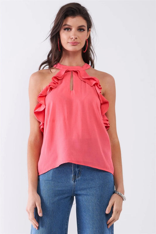 Coral Pink Sleeveless Halter Neck Ruffle Trim Babydoll Top /1-2-2-1 - Tasha Apparel Wholesale