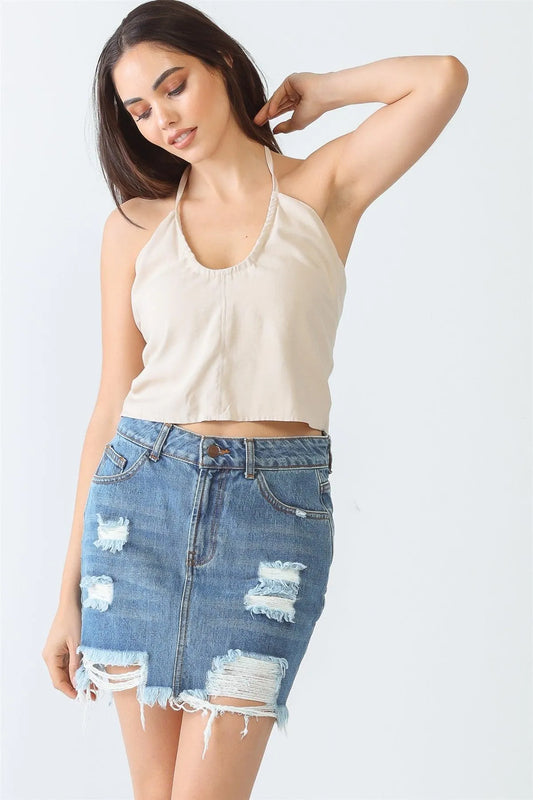 Taupe Sleeveless Halter Neck Strappy Crop Top /3-2-1 - Tasha Apparel Wholesale