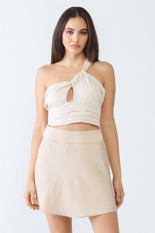 Cream Cotton Pleated One Shoulder Cut-Out Crop Top /3-2-1 - Tasha Apparel Wholesale