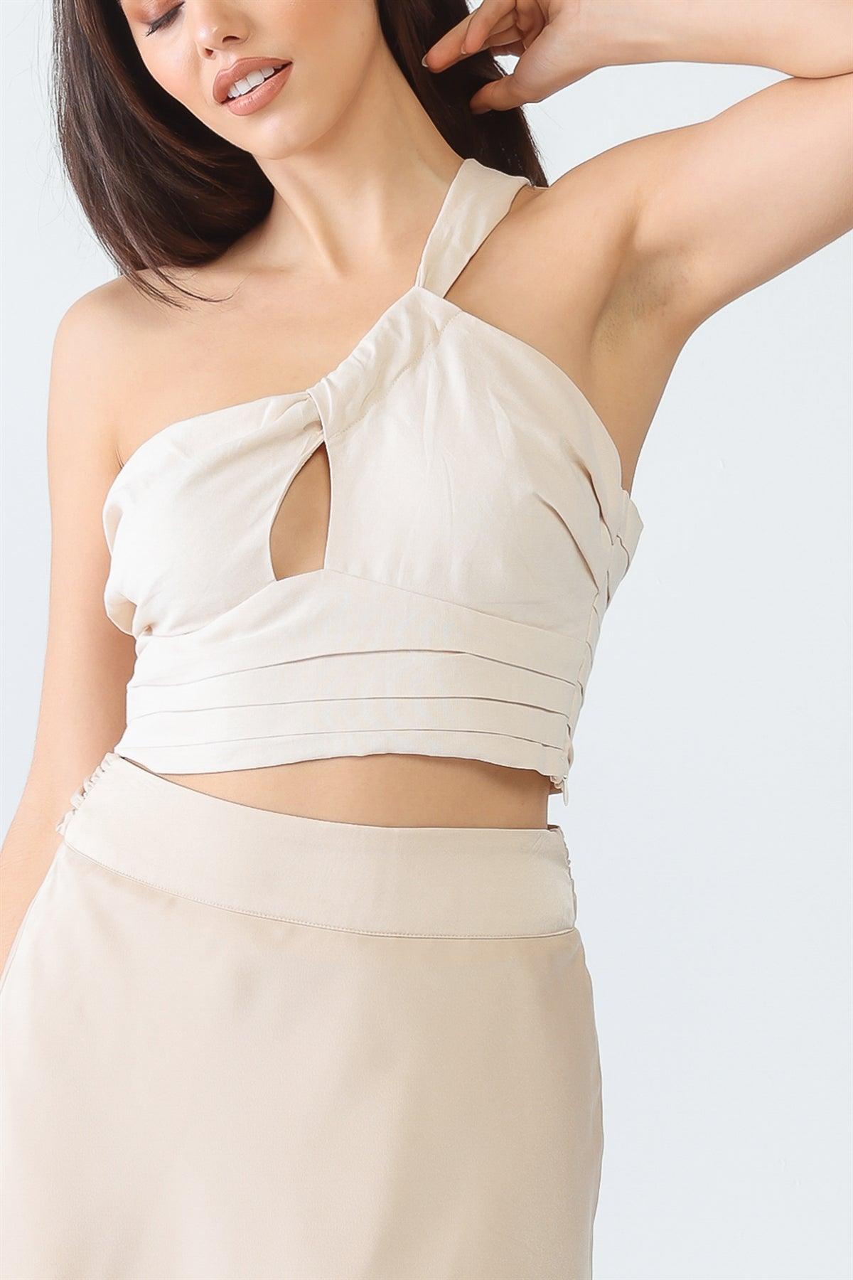 Cream Cotton Pleated One Shoulder Cut-Out Crop Top /3-2-1
