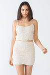 Cream Chamomile Embroidery Mesh Corset Sleeveless Crop Top & High Waist Mini Skirt Set /3-2-1