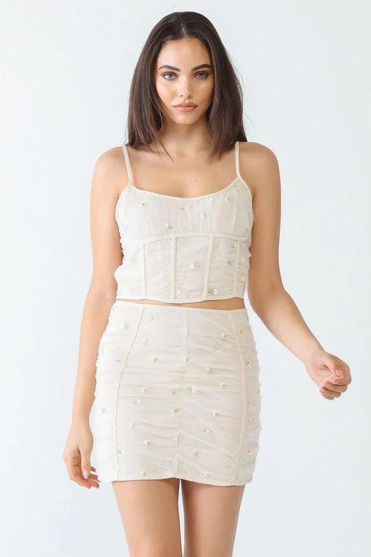 Cream Chamomile Embroidery Mesh Corset Sleeveless Crop Top & High Waist Mini Skirt Set /3-2-1 - Tasha Apparel Wholesale