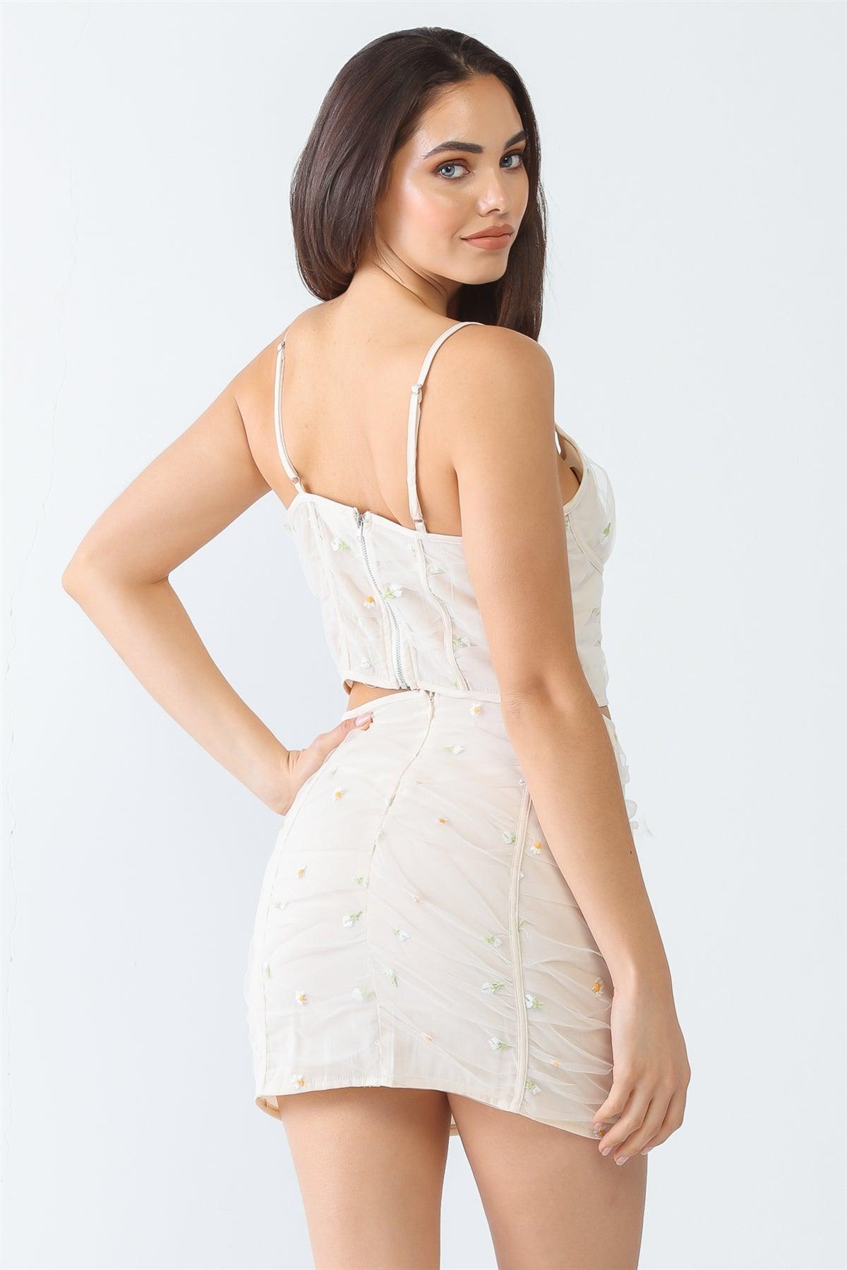 Cream Chamomile Embroidery Mesh Corset Sleeveless Crop Top & High Waist Mini Skirt Set /3-2-1