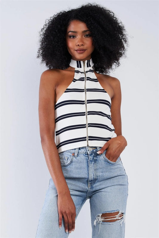 Striped Sleeveless Loop Neckline Zipper Cropped Top - Tasha Apparel Wholesale