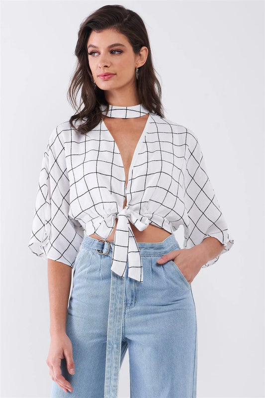 White & Black Windowpane Check Print Self-Tie V-Neck Front Wide Sleeve Crop Top /1-2-2-1 - Tasha Apparel Wholesale