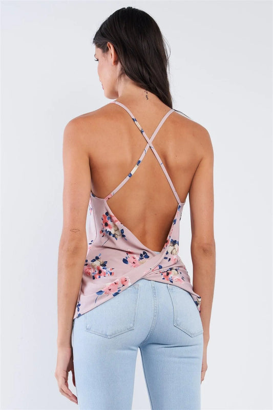Lavender Multicolor Floral Sleeveless V-Neck Halter Tie Criss-Cross Strap Open Back Top /1-2-3-1 - Tasha Apparel Wholesale