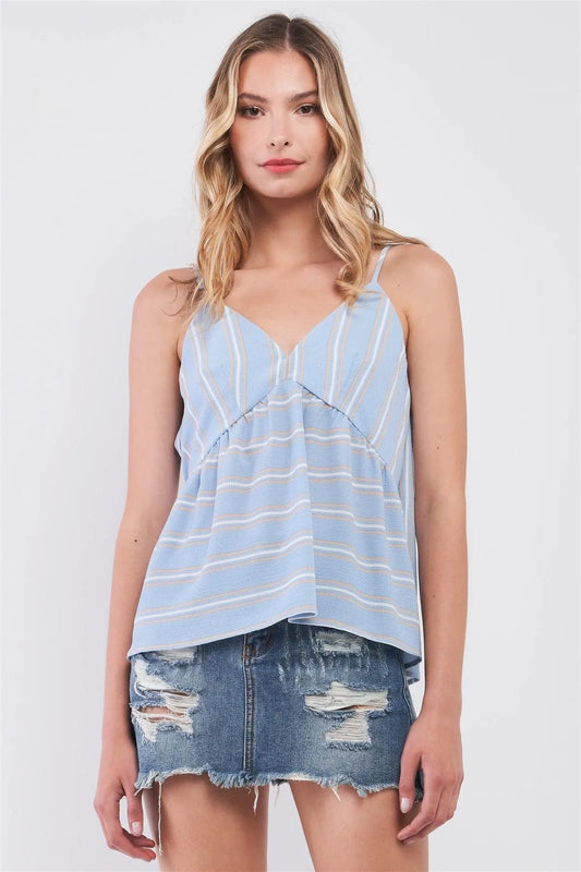 Sky Blue & White Striped V-Neck Sleeveless Back Wrap Self-Tie String Top /1-3-2 - Tasha Apparel Wholesale