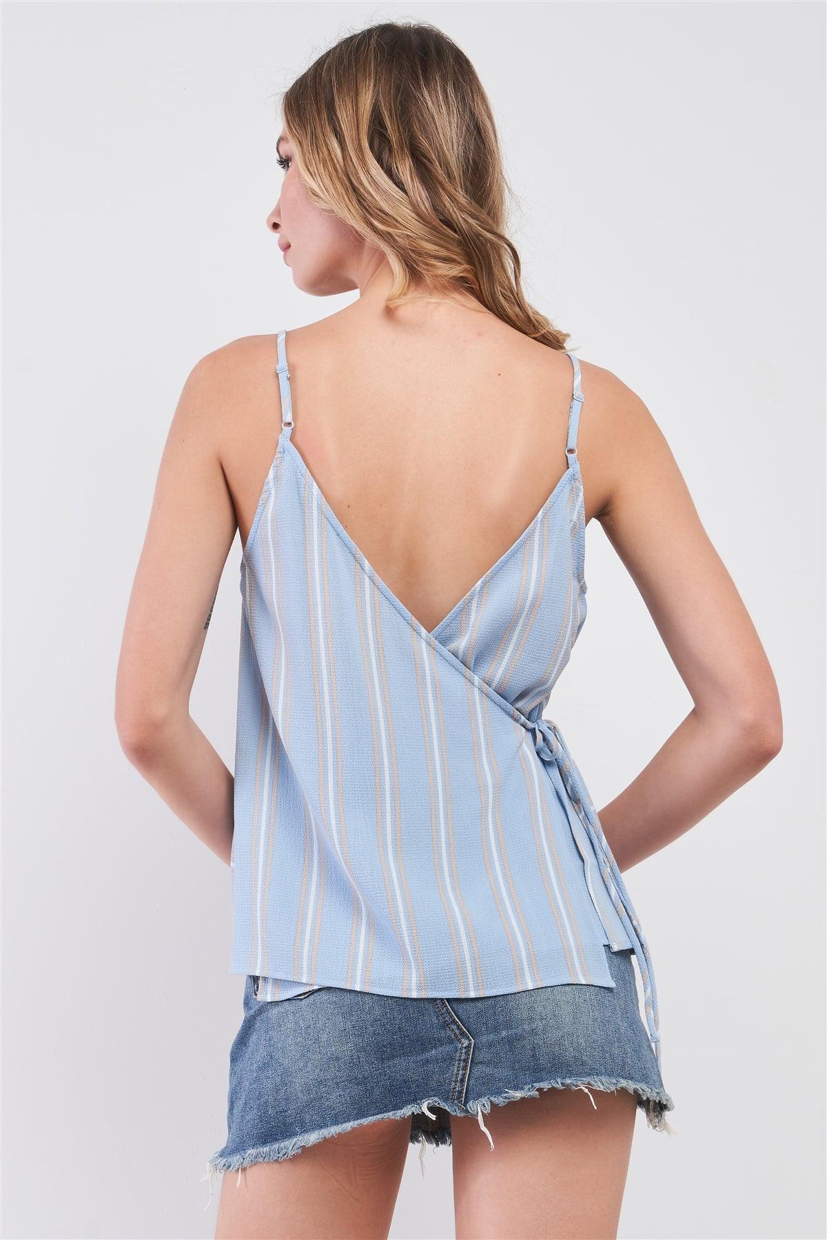 Sky Blue & White Striped V-Neck Sleeveless Back Wrap Self-Tie String Top /1-3-2