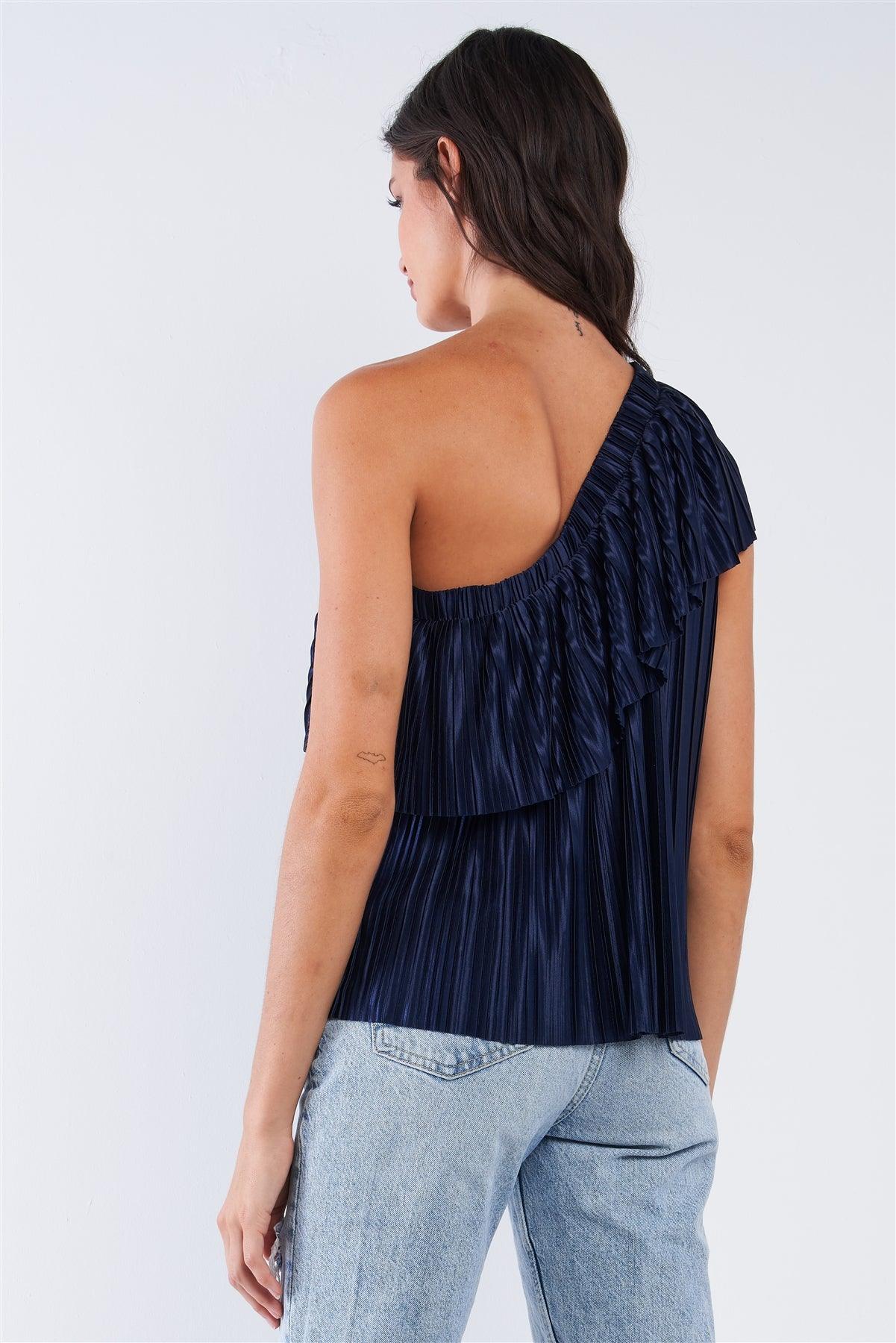 Solid Navy Blue Satin Crinkle Asymmetric Off-One-Shoulder Ruffle Detail Top /1-2-2-1