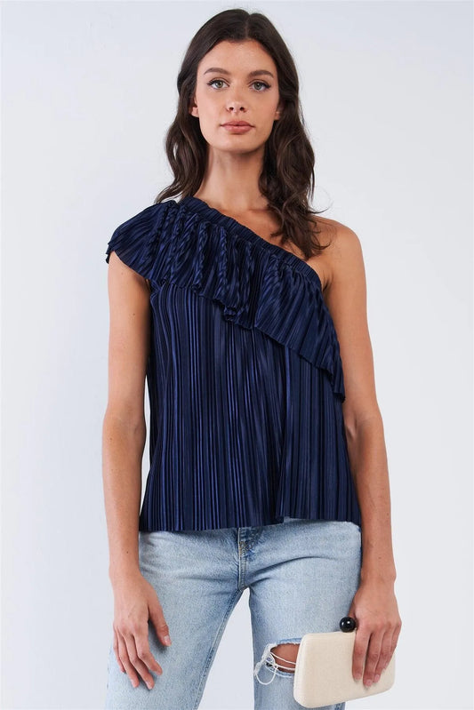 Solid Navy Blue Satin Crinkle Asymmetric Off-One-Shoulder Ruffle Detail Top - Tasha Apparel Wholesale