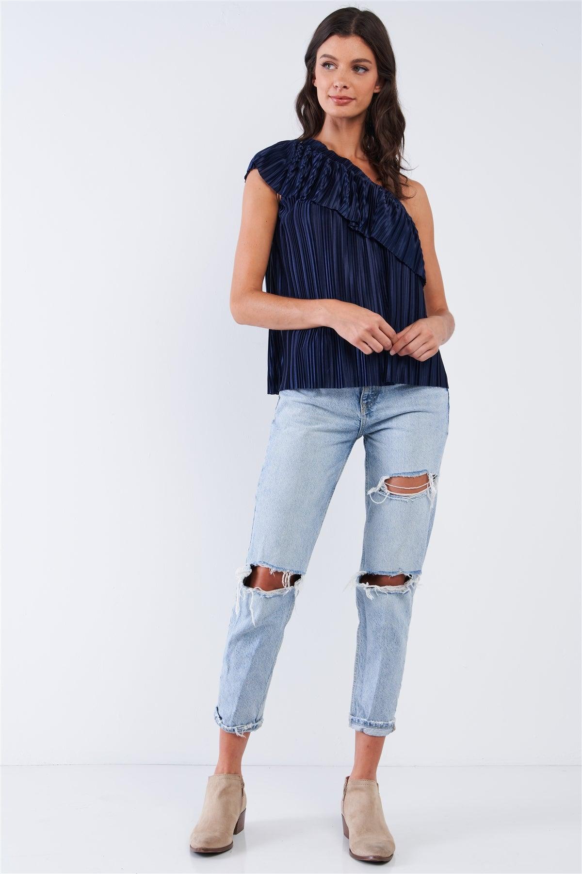 Solid Navy Blue Satin Crinkle Asymmetric Off-One-Shoulder Ruffle Detail Top