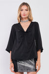 Black Silky V-Neck Midi Sleeve Self-Tie Gathered Front Detail Relaxed Blouse Top /1-2-2-1