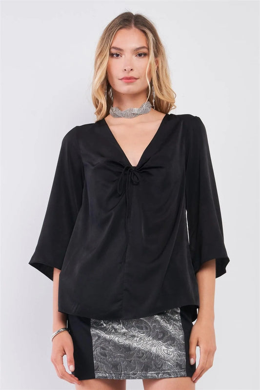 Black Silky V-Neck Midi Sleeve Self-Tie Gathered Front Detail Relaxed Blouse Top /1-2-2-1 - Tasha Apparel Wholesale