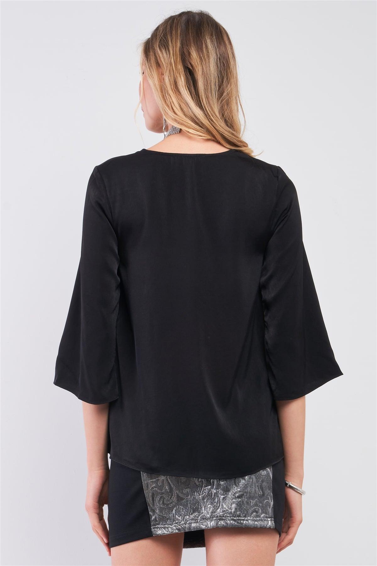 Black Silky V-Neck Midi Sleeve Self-Tie Gathered Front Detail Relaxed Blouse Top /1-2-2-1