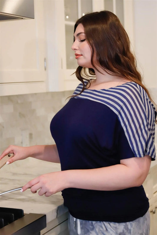 Junior Plus Navy & Grey Stripe Short Sleeve Top /2-2-2 - Tasha Apparel Wholesale