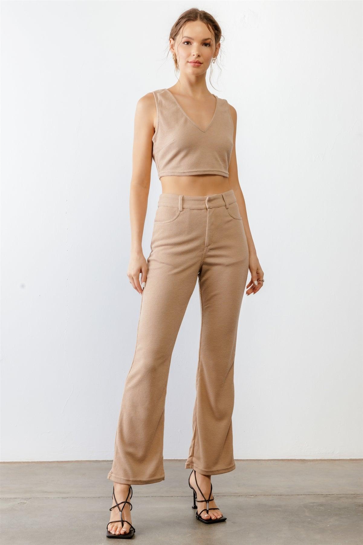 Taupe Waffle Knit Open Tie Back Crop Top & High Waist Four Pocket Pants Set /3-2-1