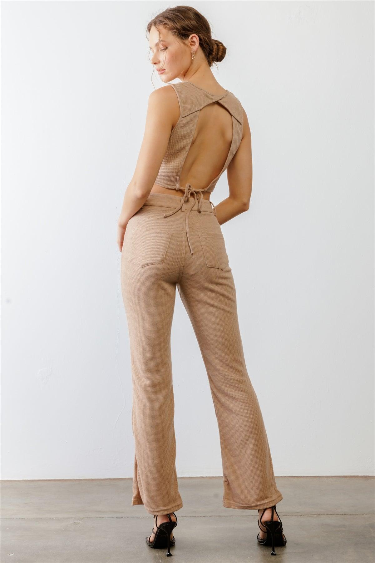Taupe Waffle Knit Open Tie Back Crop Top & High Waist Four Pocket Pants Set /3-2-1