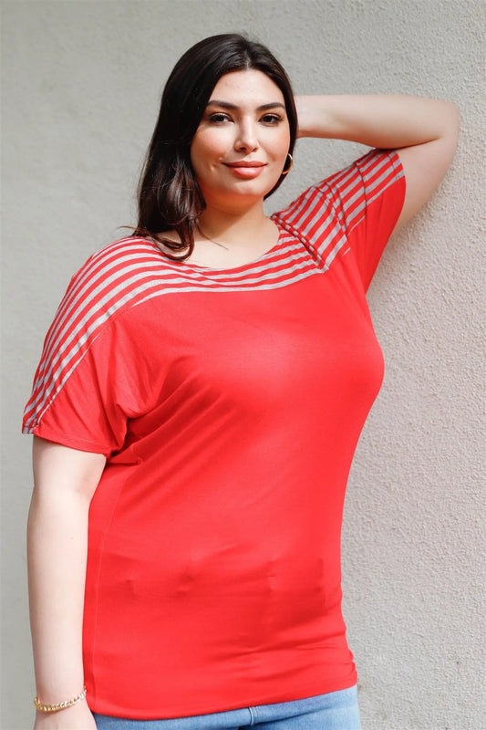 Junior Plus Tomato & Grey Stripe Short Sleeve Top /2-2-2 - Tasha Apparel Wholesale