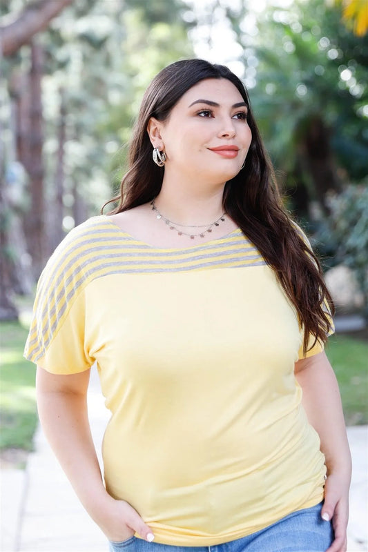 Junior Plus Yellow & Grey Stripe Short Sleeve Top /2-2-2 - Tasha Apparel Wholesale