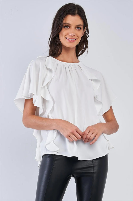 White Relaxed Fit Sleeveless Crew Neck One Shoulder Self-Tie Detail Mini Angel Wing Sleeve Ruffle Tunic Top /1-2-2-1 - Tasha Apparel Wholesale