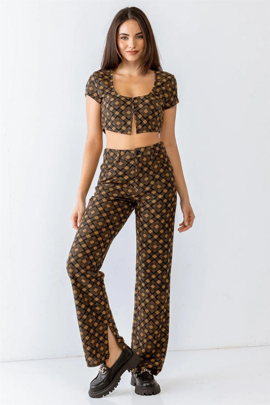 Tan & Black Diamond Print Button Short Sleeve Crop Top & High Waist Four Pocket Pants Set /1-2-2-1 - Tasha Apparel Wholesale