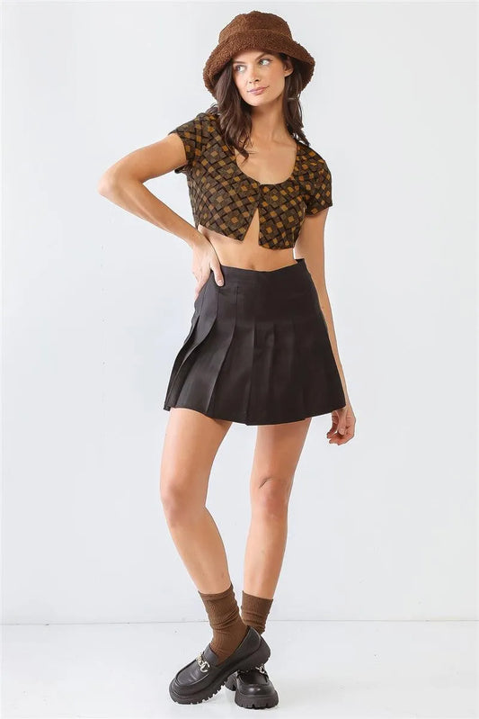 Tan & Black Diamond Print Button Short Sleeve Crop Top /1-2-2-1 - Tasha Apparel Wholesale