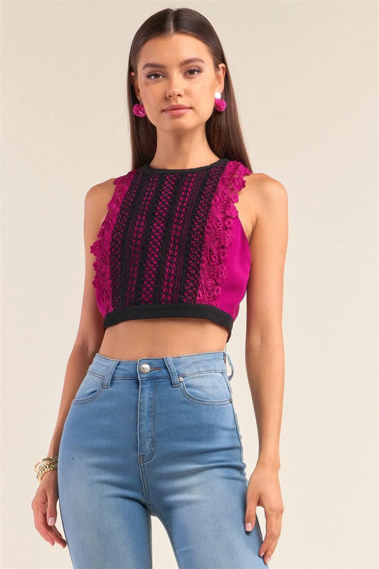 Dark Magenta Double Crochet Trim Front Detail Racer Back Sleeveless Crew Neck Cropped Top /1-1-2-1 - Tasha Apparel Wholesale