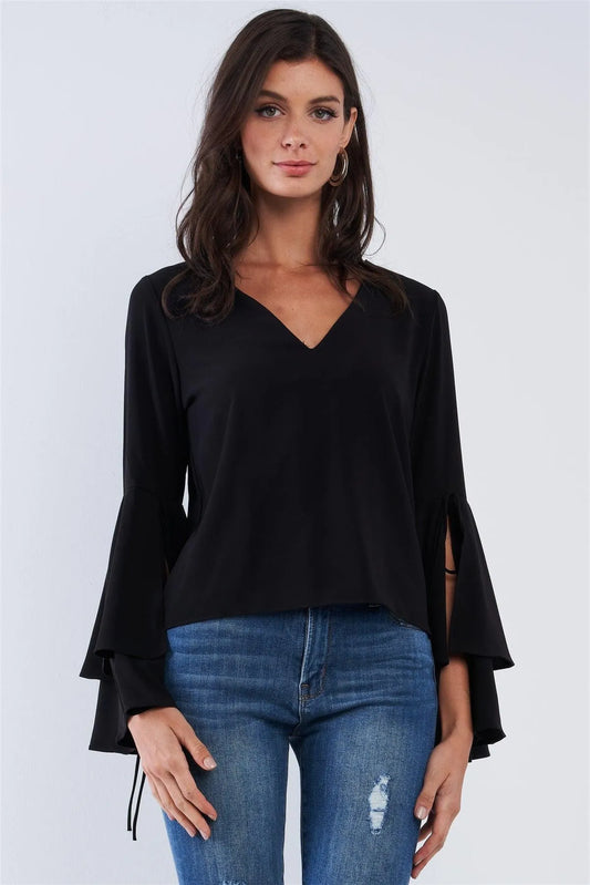 Jet Black V-Neck Long Bluebell Slit Draw String Tie Double Frill Sleeve Top - Tasha Apparel Wholesale