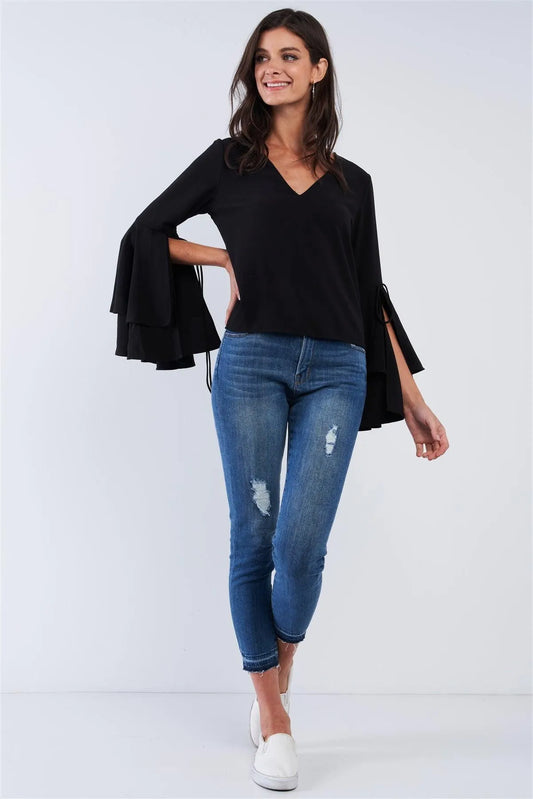 Jet Black V-Neck Long Bluebell Slit Draw String Tie Double Frill Sleeve Top /2-2-1-1 - Tasha Apparel Wholesale