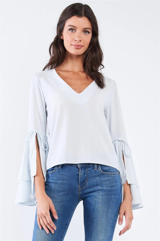 Light Blue V-Neck Long Bluebell Slit Draw String Tie Double Frill Sleeve Top /1-2-2-1 - Tasha Apparel Wholesale
