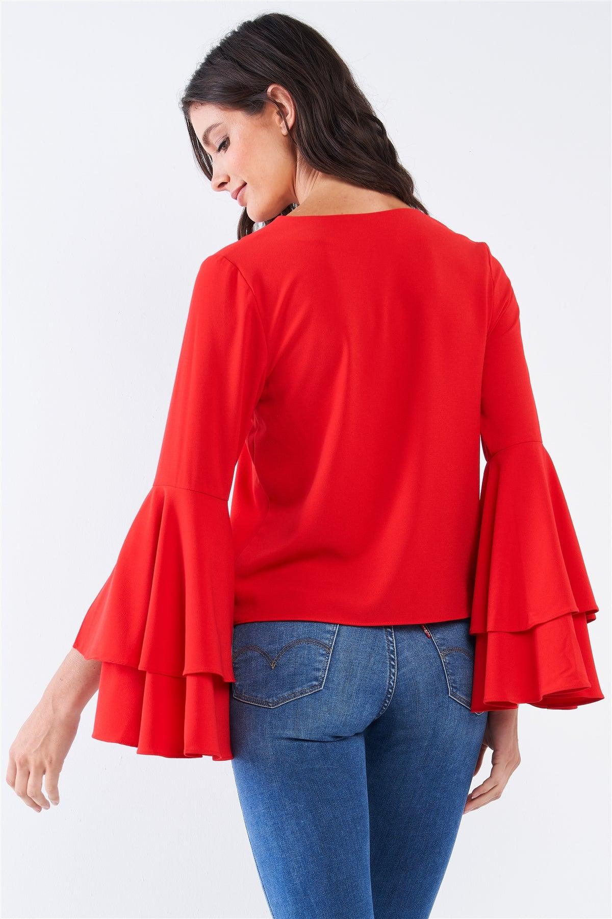 Crimson Red V-Neck Long Bluebell Slit Draw String Tie Double Frill Sleeve Top /3-3